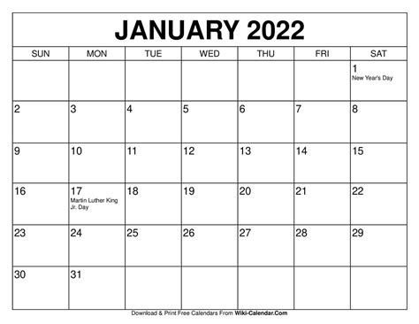 Free Printable Calendar January 2022 Wiki